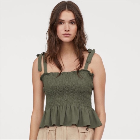 H&M Khaki Green Camisole Top with Smocking - Picture 1 of 8